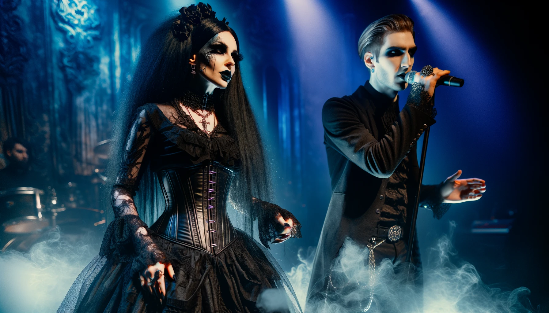 BlutEngel - Soul of Ice: Gothic woman in black corset and male singer in black, dramatic makeup, performing on a dimly lit stage. 
