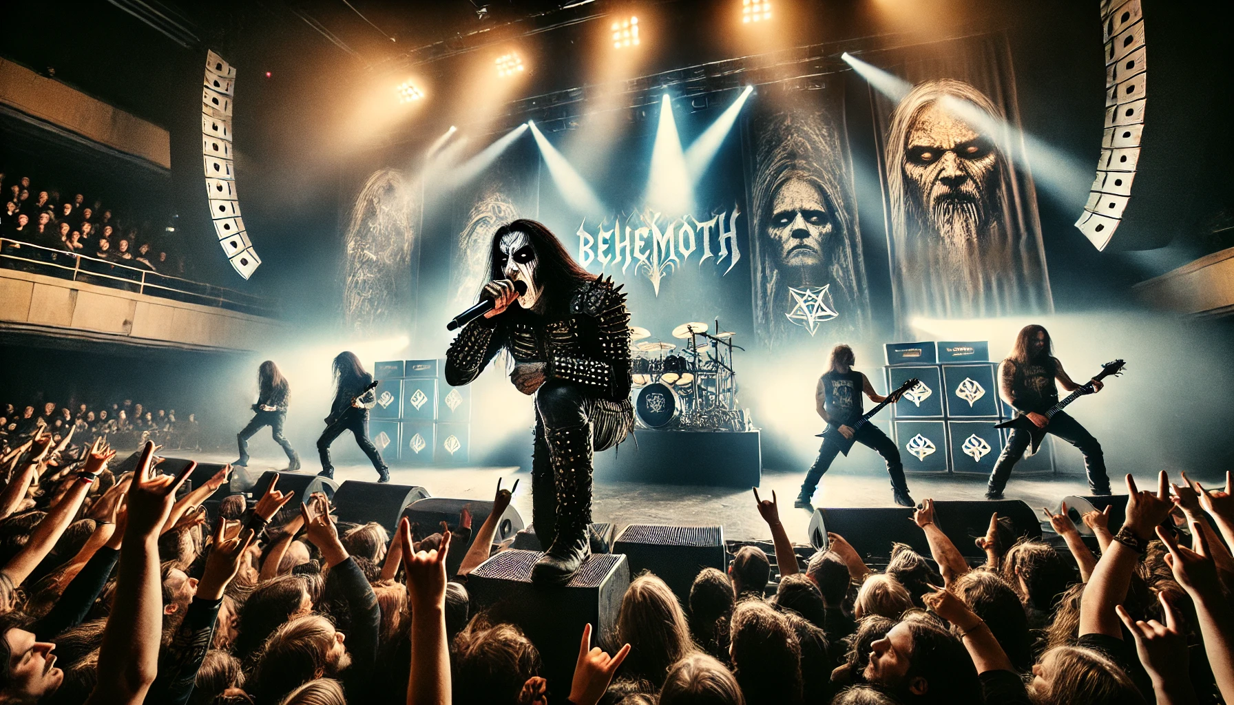 Behemoth and Testament Live in Malmö - A dynamic and intense concert scene with dramatic lighting, pyrotechnics, and energetic crowd at Malmö Arena.