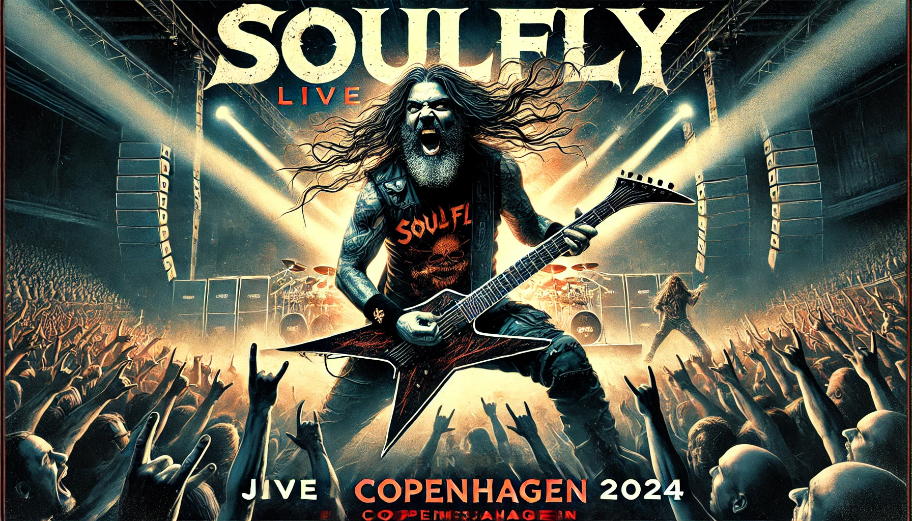 Soulfly Live in Copenhagen concert poster featuring Max Cavalera wielding his guitar on stage with dynamic lighting and a roaring crowd, promoting the event on July 30, 2024.
