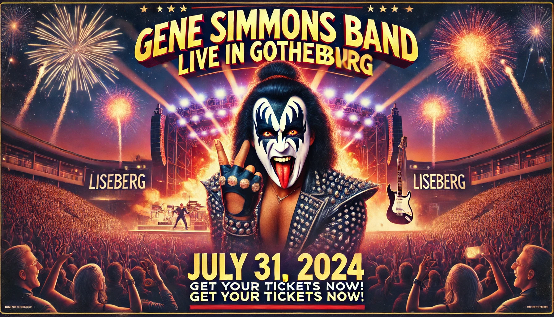 Concert poster for Gene Simmons Band Live in Gothenburg on July 31, 2024 at Liseberg, featuring Gene Simmons in iconic makeup and stage costume, with dramatic lighting, pyrotechnics, and a large crowd of excited fans. Banner reads 'Get Your Tickets Now!'.