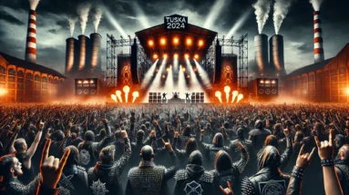 Iconic night-time scene of Tuska 2024 festival with a massive crowd of metalheads, vibrant stage lights, and powerful pyrotechnics at Suvilahti in Helsinki.