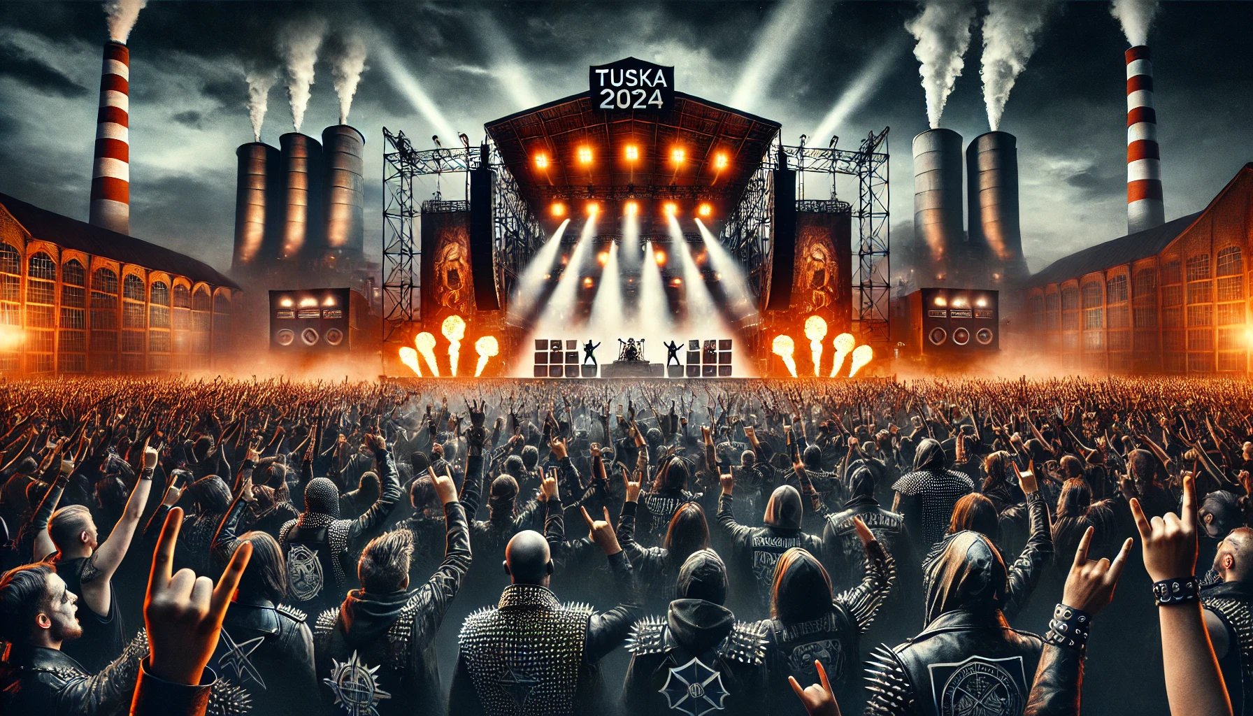 Iconic night-time scene of Tuska 2024 festival with a massive crowd of metalheads, vibrant stage lights, and powerful pyrotechnics at Suvilahti in Helsinki.