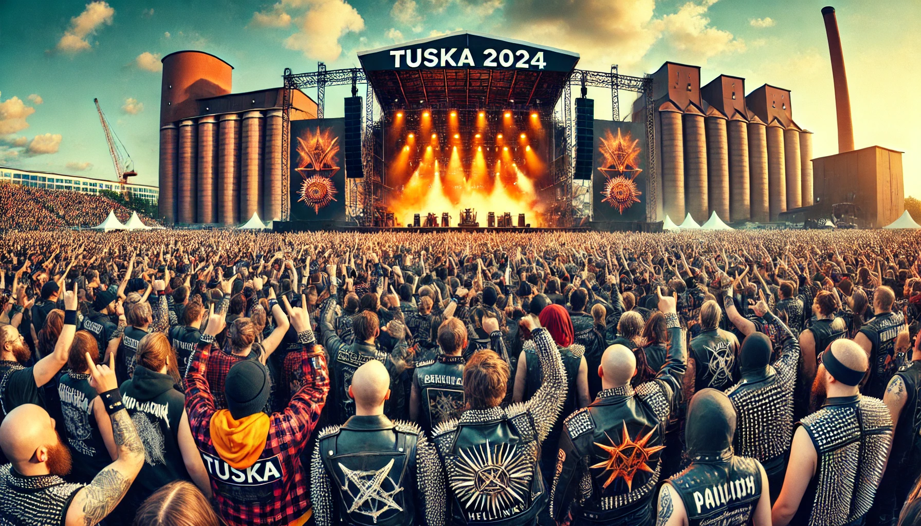 Iconic daytime scene of Tuska 2024 festival with a massive crowd of metalheads, vibrant stage, and the industrial structures of Suvilahti in Helsinki.