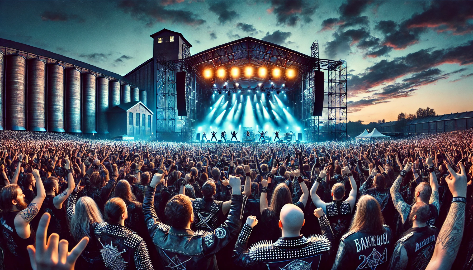Iconic twilight scene of Tuska 2024 festival with a massive crowd of metalheads, illuminated stage, and the industrial structures of Suvilahti in Helsinki.