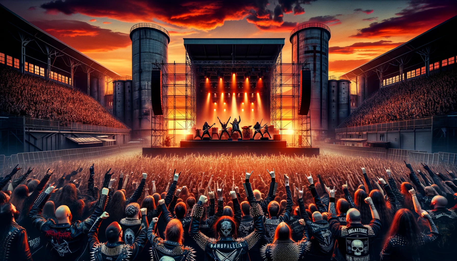 Iconic sunset scene of Tuska 2024 festival with a massive crowd of metalheads, large stage, and the industrial structures of Suvilahti in Helsinki.