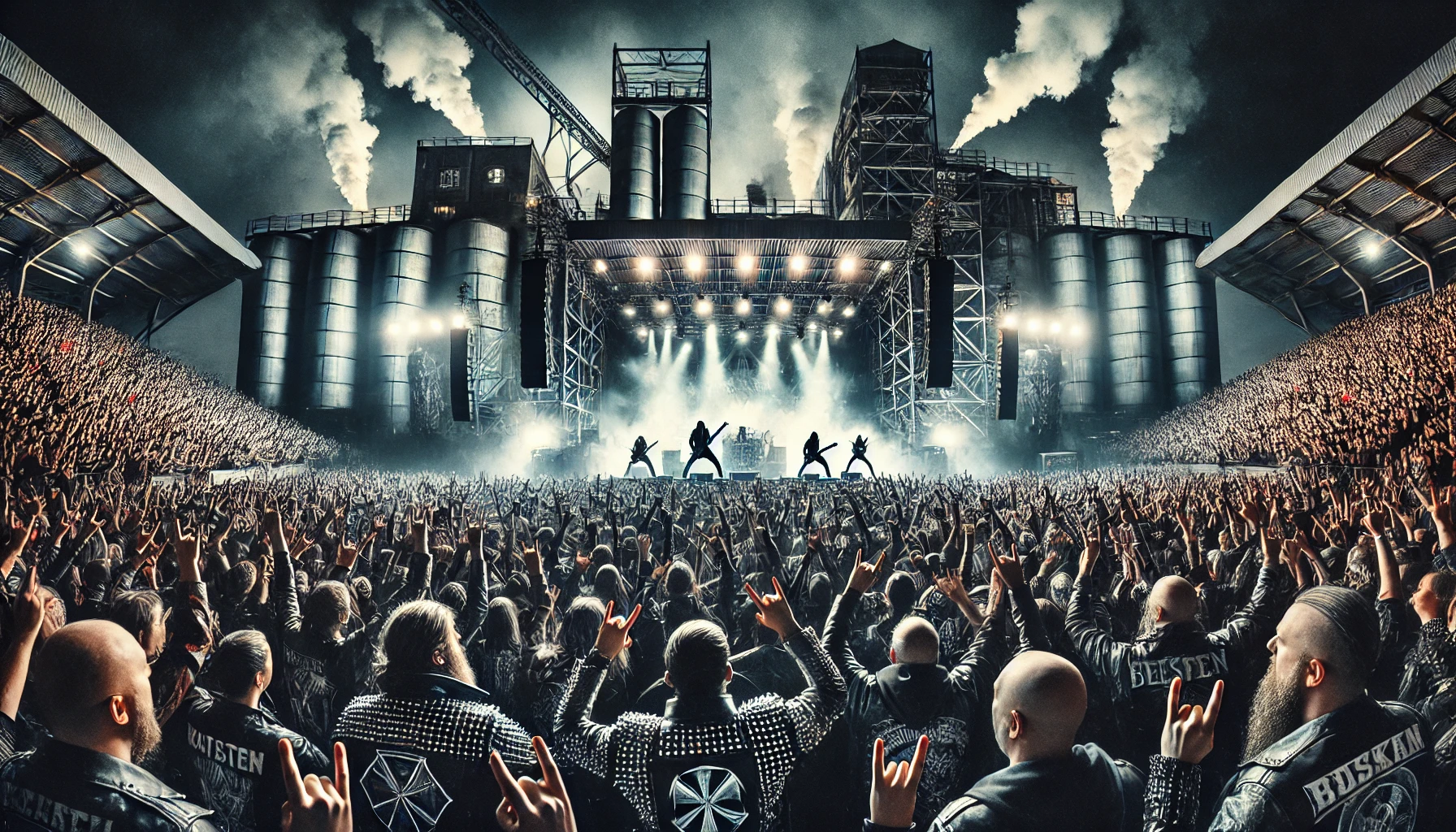 Iconic night-time scene of Tuska 2024 festival with a massive crowd of metalheads, large stage, and the industrial structures of Suvilahti in Helsinki.