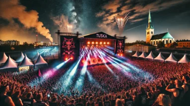 Night-time scene of the Tuska Open Air Metal Festival 2025 in Helsinki, with a metal band performing on an illuminated stage surrounded by pyrotechnics and smoke effects. A crowd of headbanging metalheads with raised fists and devil horns enjoy the vibrant, electrifying atmosphere under a starry sky with the Helsinki skyline in the background.