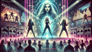 Dynamic and electrifying stage performance inspired by the band Amaranthe, featuring vibrant lights, lasers, digital screens with the band's logo, and three vocalists with distinct styles, all set against a backdrop of heavy metal and modern electronic visuals.