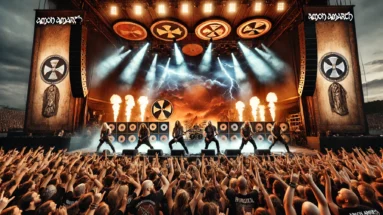 Image of Amon Amarth live concert in Gothenburg at Liseberg on August 31, 2024, featuring a Viking-themed stage with shields and swords, band members performing energetically, and a crowd of metalheads headbanging with raised horns under a dramatic, fiery sky with lightning.