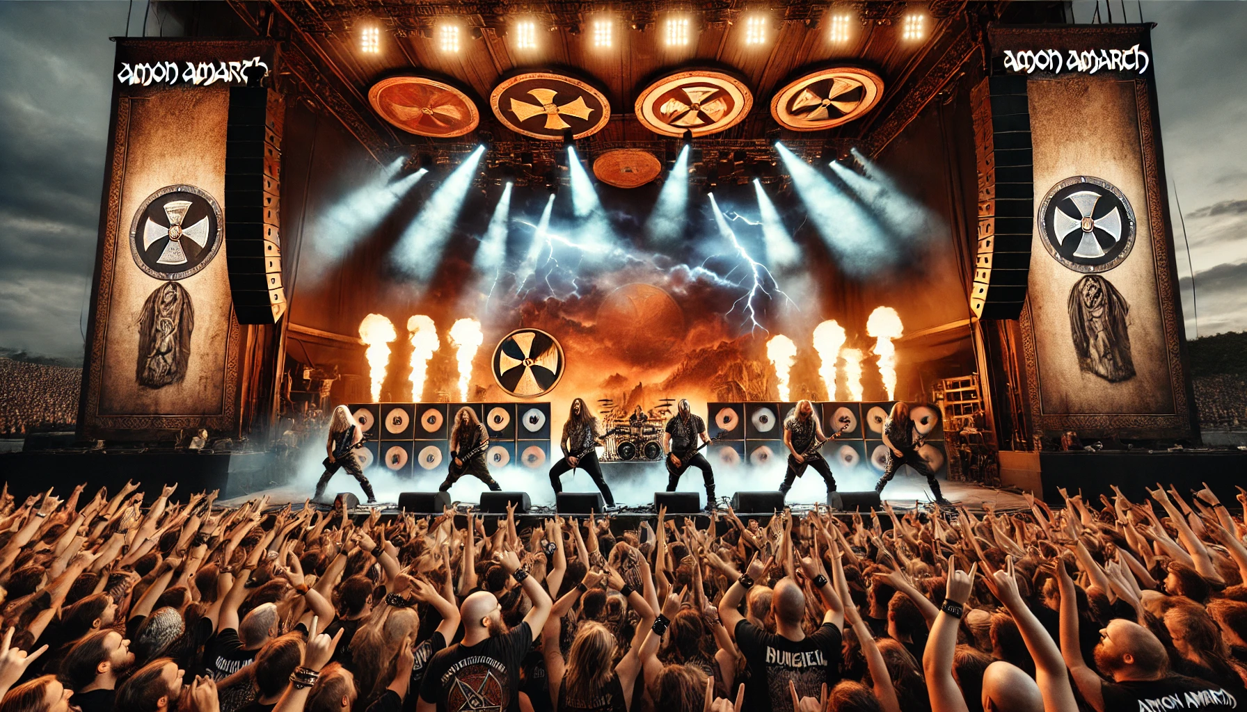 Image of Amon Amarth live concert in Gothenburg at Liseberg on August 31, 2024, featuring a Viking-themed stage with shields and swords, band members performing energetically, and a crowd of metalheads headbanging with raised horns under a dramatic, fiery sky with lightning.