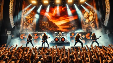 Amon Amarth live concert in Gothenburg at Liseberg on August 31, 2024, featuring Viking-themed stage decorations, band members performing energetically, and a crowd of metalheads headbanging with raised horns under a dramatic, fiery sky with lightning.