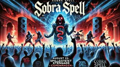 Concert poster for Cobra Spell's live performance on August 23, 2024, at Spillestedet Stengade in Copenhagen, featuring a dark gothic theme with electric blue and fiery red accents, metalheads in the background, and vibrant stage lights.