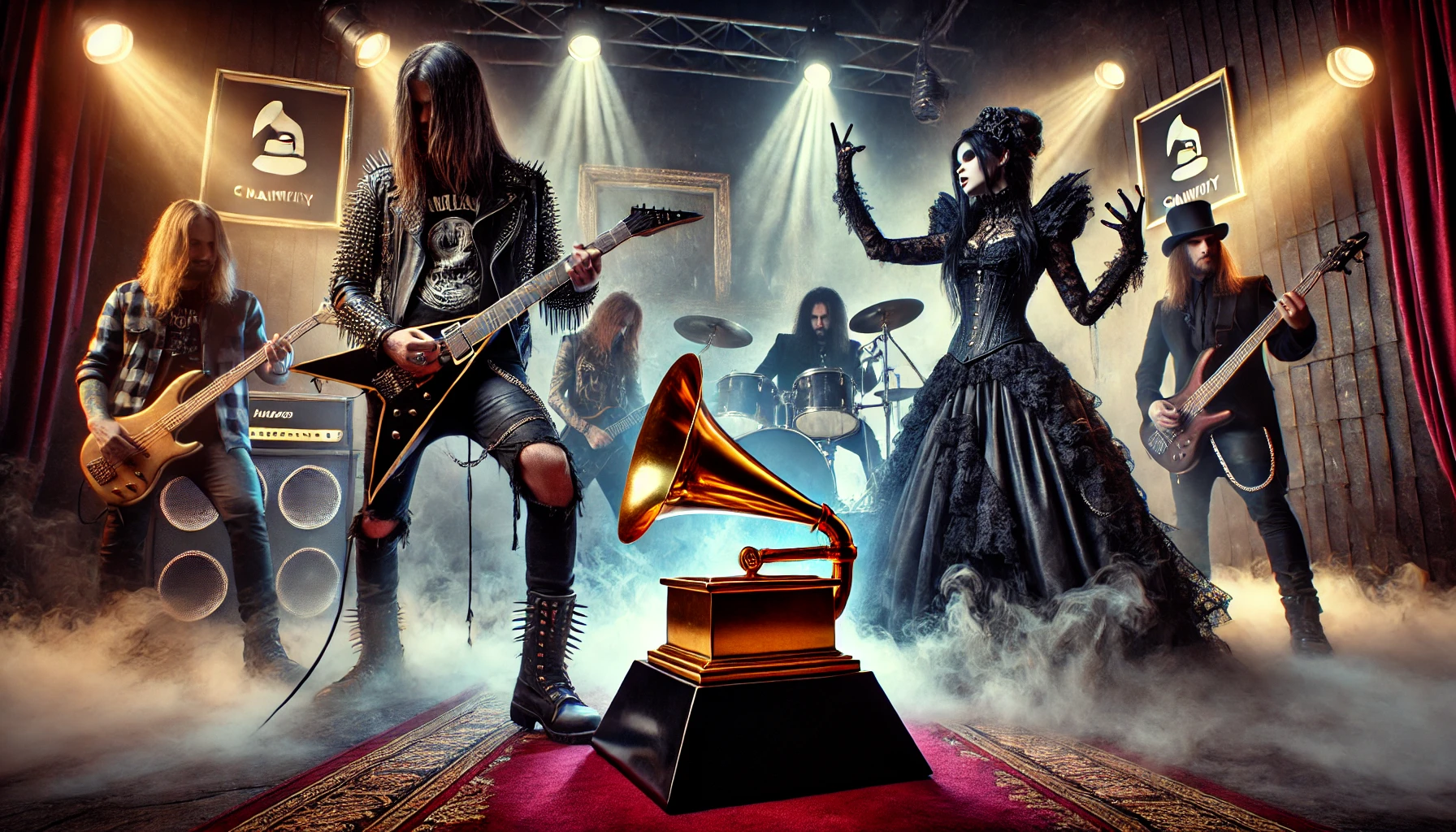 A dramatic scene showcasing a metal and goth band being overshadowed by a large, golden Grammy award statue. The metal band is playing passionately with intense lighting, and the goth band stands nearby in dark, Victorian-inspired clothing surrounded by fog and moody lighting. 