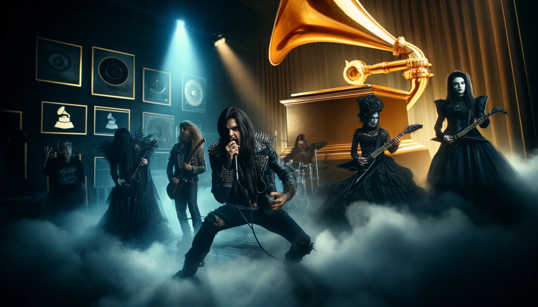 A powerful scene showing a metal band and a goth band performing with intense passion on stage. The metal band members are in dynamic action, playing guitars and drums with long hair flying, while the goth band is enveloped in an eerie, fog-filled atmosphere. A large golden Grammy award statue dominates the scene.