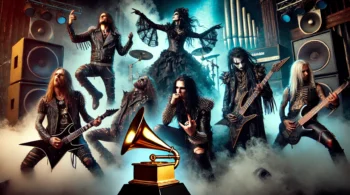 A striking scene featuring a metal band and a goth band performing with intensity and passion on stage. The metal band members, clad in leather and spikes, are captured mid-performance with powerful lighting and dynamic poses, while the goth band, dressed in dark, Victorian-inspired outfits, creates a moody and eerie atmosphere with fog. A large golden Grammy award statue overshadows the bands.