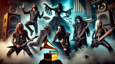 A striking scene featuring a metal band and a goth band performing with intensity and passion on stage. The metal band members, clad in leather and spikes, are captured mid-performance with powerful lighting and dynamic poses, while the goth band, dressed in dark, Victorian-inspired outfits, creates a moody and eerie atmosphere with fog. A large golden Grammy award statue overshadows the bands.