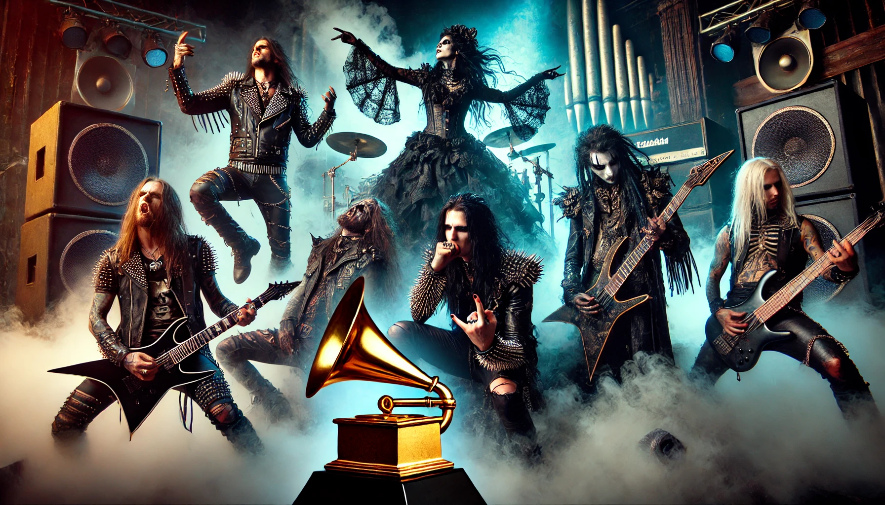 A striking scene featuring a metal band and a goth band performing with intensity and passion on stage. The metal band members, clad in leather and spikes, are captured mid-performance with powerful lighting and dynamic poses, while the goth band, dressed in dark, Victorian-inspired outfits, creates a moody and eerie atmosphere with fog. A large golden Grammy award statue overshadows the bands.