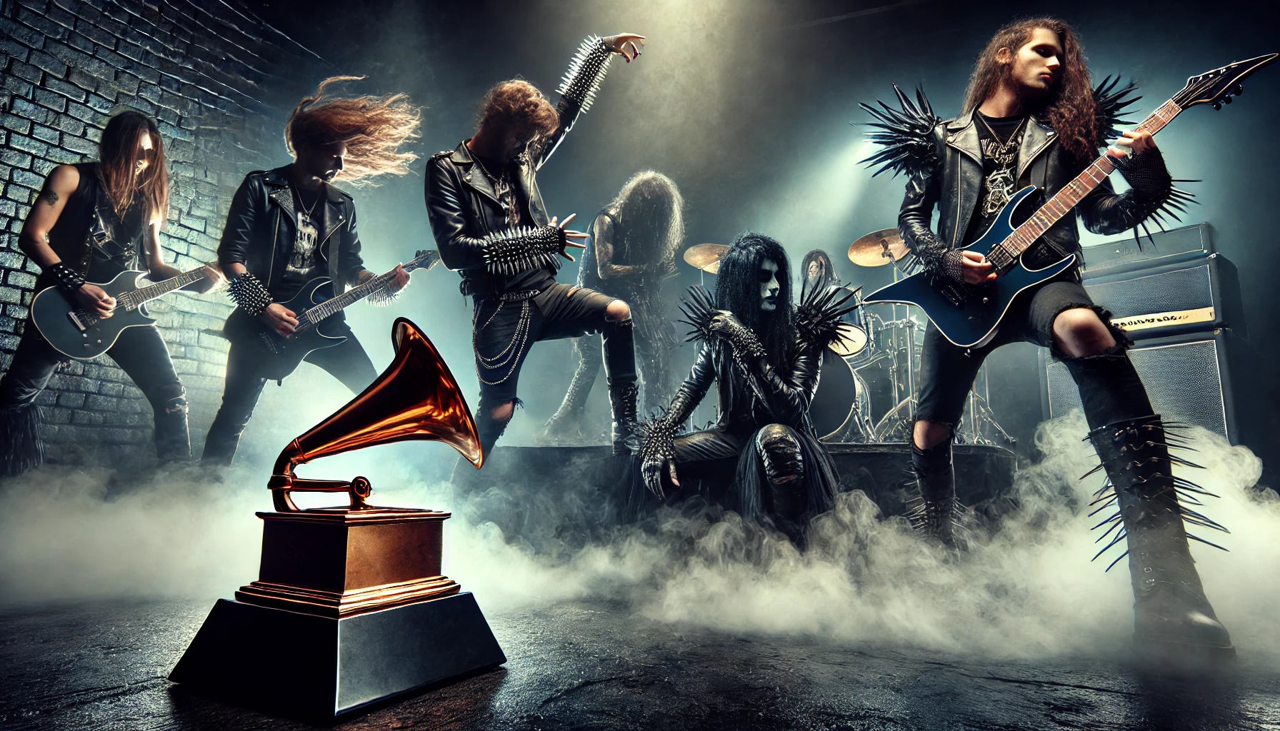 Music Awards are Meaningless: A dramatic and intense scene with a metal band and a goth band performing passionately on stage. The metal band members, dressed in leather and spikes, are playing with dynamic lighting and fog, while a large golden Grammy award statue looms in the foreground.