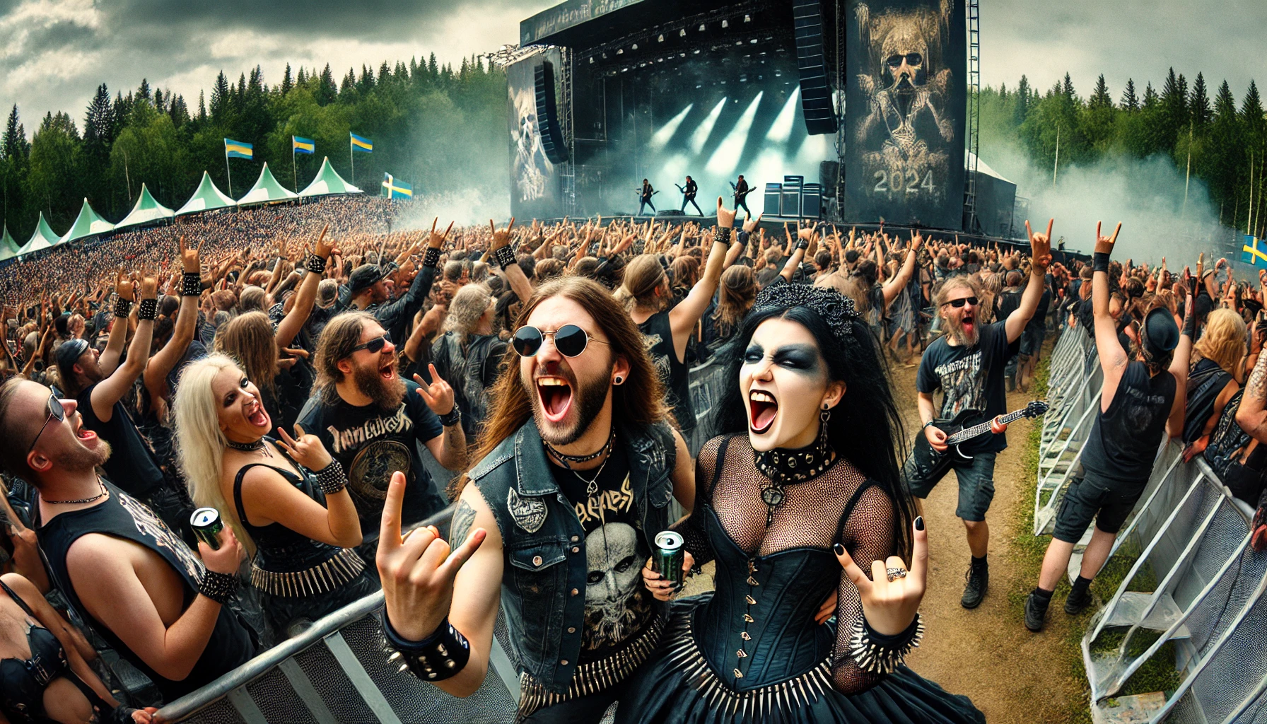 A man and a woman in gothic metal fashion cheering and headbanging at Time to Rock Festival 2024, with a powerful stage and vibrant crowd in the background, set in a lush forest in Knislinge, Sweden.