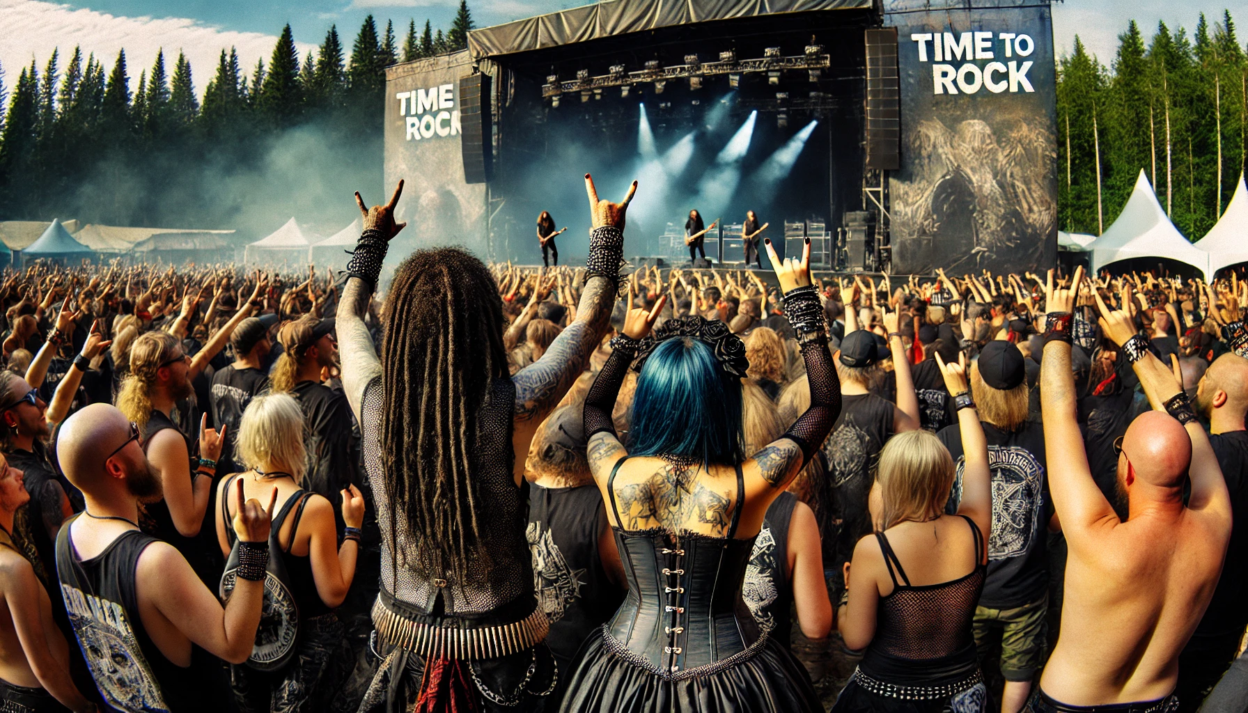 A man and a woman in gothic metal attire headbanging and raising their hands at Time to Rock Festival 2024, with a vibrant stage and crowd in the background, set against the scenic forested location in Knislinge, Sweden.