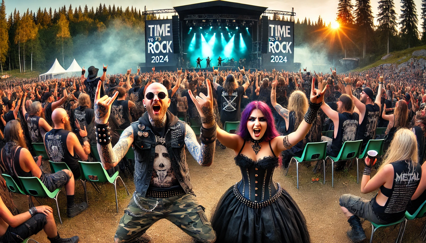 A man and a woman in gothic metal attire enthusiastically raising their hands at Time to Rock Festival 2024, with a dynamic stage and crowd in the background, set against the scenic forested area of Knislinge, Sweden.