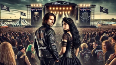 Man and woman with long black hair at the Time to Rock Festival 2025, surrounded by a lively crowd of metalheads, stages with dramatic lighting, and banners of bands like Iron Maiden, Slipknot, and Metallica. The man wears a black leather jacket with metal band patches, and the woman is dressed in a black corset with gothic accessories.