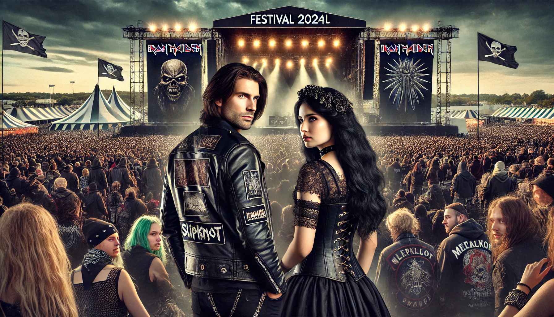 Man and woman with long black hair at the Time to Rock Festival 2025, surrounded by a lively crowd of metalheads, stages with dramatic lighting, and banners of bands like Iron Maiden, Slipknot, and Metallica. The man wears a black leather jacket with metal band patches, and the woman is dressed in a black corset with gothic accessories.
