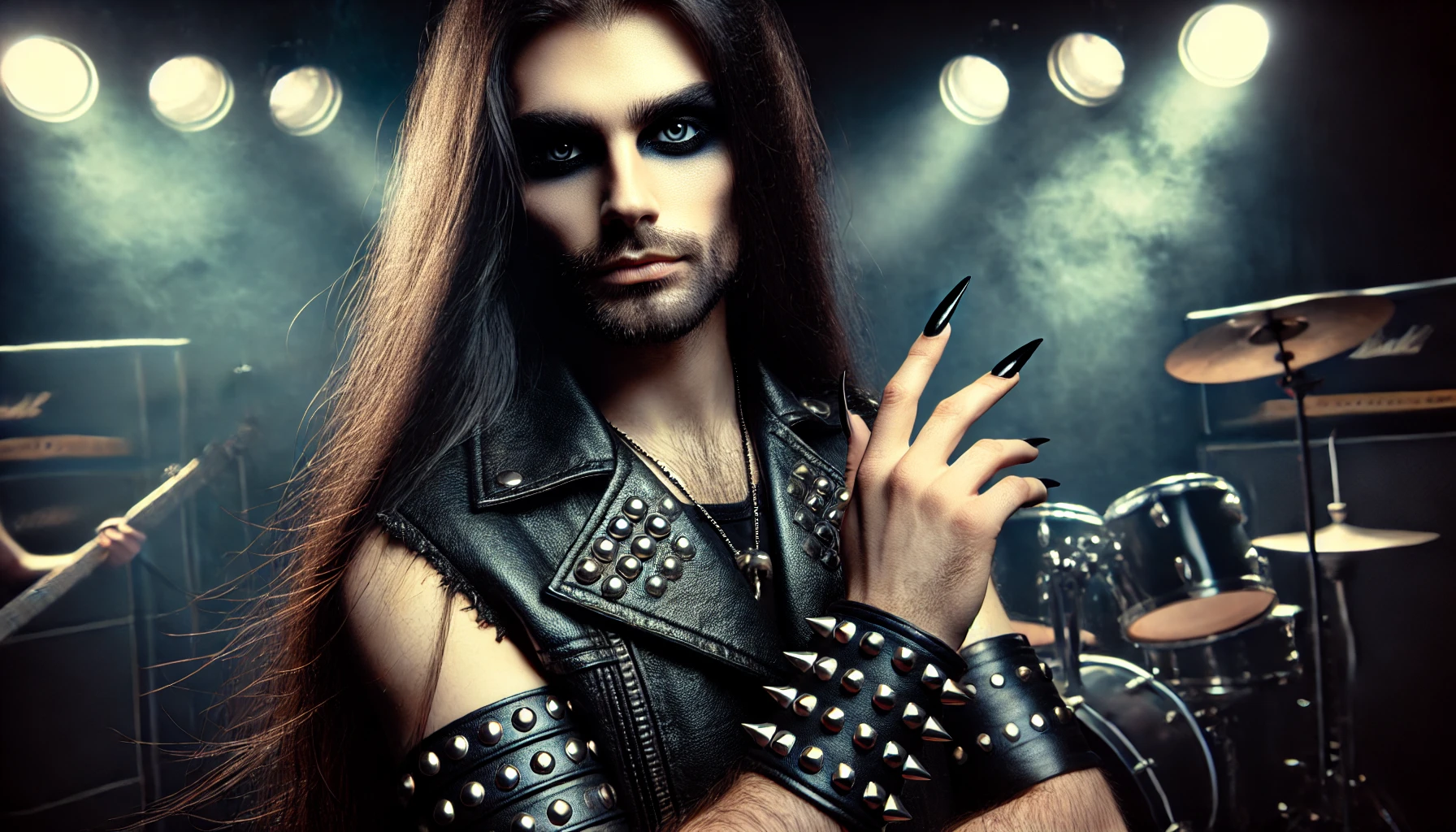Metalhead man with long black hair, smokey eye makeup, and long black nails standing confidently in black leather with metal studs against a dramatic dark background with stage lights, reflecting the rebellious spirit of the heavy metal community.