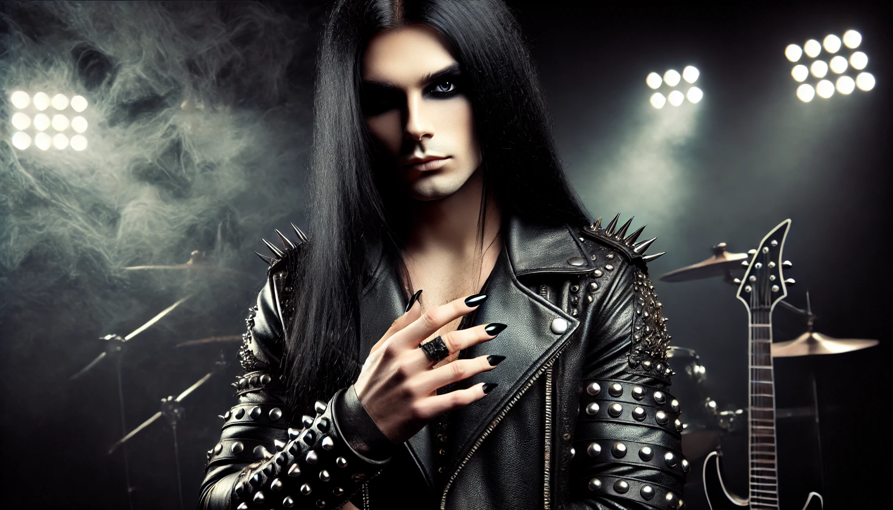 Another metalhead man with long black hair, smokey eye makeup, and long black nails standing confidently in black leather with metal studs against a dramatic dark background with stage lights, embodying the intense and rebellious spirit of the heavy metal community.