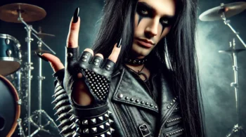 Metalhead man with long black hair, smokey eye makeup, and long black nails standing confidently in black leather with metal studs against a dramatic dark background with stage lights, reflecting the intense and rebellious spirit of the heavy metal community.