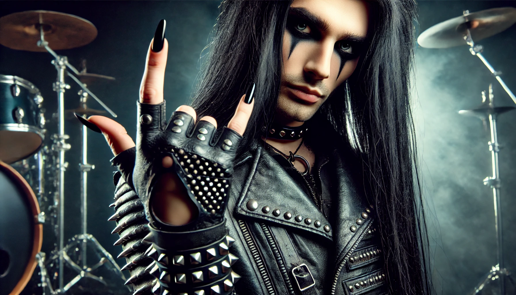 Metalhead man with long black hair, smokey eye makeup, and long black nails standing confidently in black leather with metal studs against a dramatic dark background with stage lights, reflecting the intense and rebellious spirit of the heavy metal community.
