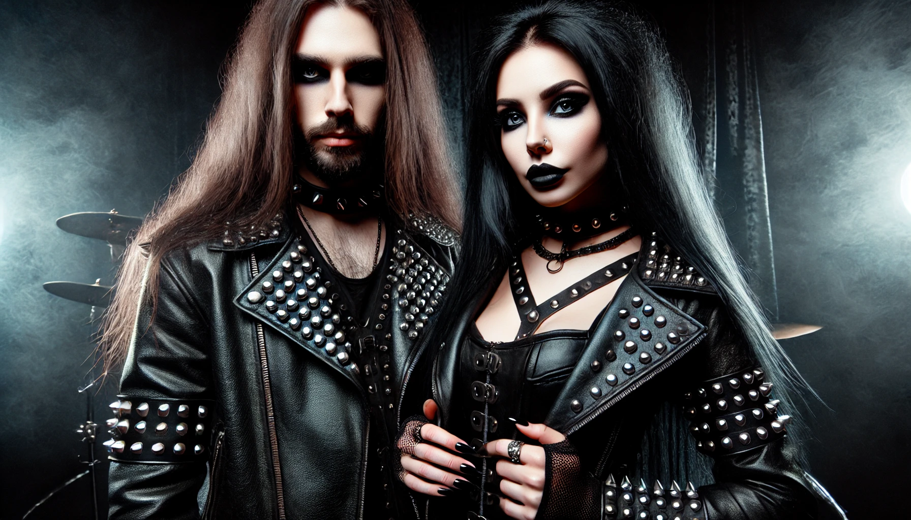 Metalhead man and woman both with long black hair, smokey eye makeup, and long black nails standing confidently in black leather with metal studs against a dramatic dark background with stage lights, reflecting the intense and rebellious spirit of the heavy metal community.
