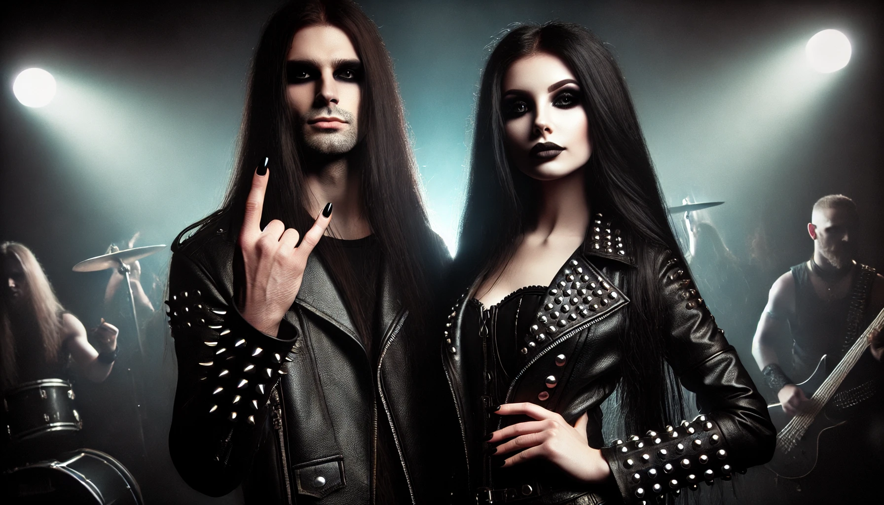Metalhead man and woman both with long black hair, smokey eye makeup, and long black nails standing confidently in black leather with metal studs against a dramatic dark background with stage lights, reflecting the intense and rebellious spirit of the heavy metal community.