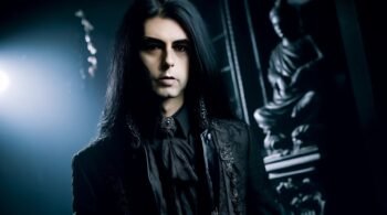 A gothic vampire man with long black hair, wearing an ornate black coat, leaning forward with a serious expression in a gothic hallway.