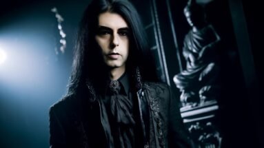 A gothic vampire man with long black hair, wearing an ornate black coat, leaning forward with a serious expression in a gothic hallway.