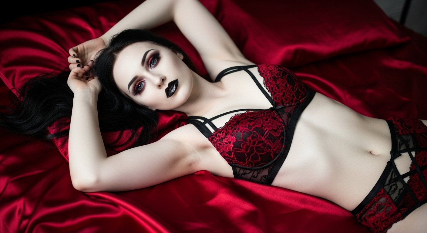 Close-up of woman’s thighs in sheer black stockings with occult lace details, on red satin sheets.