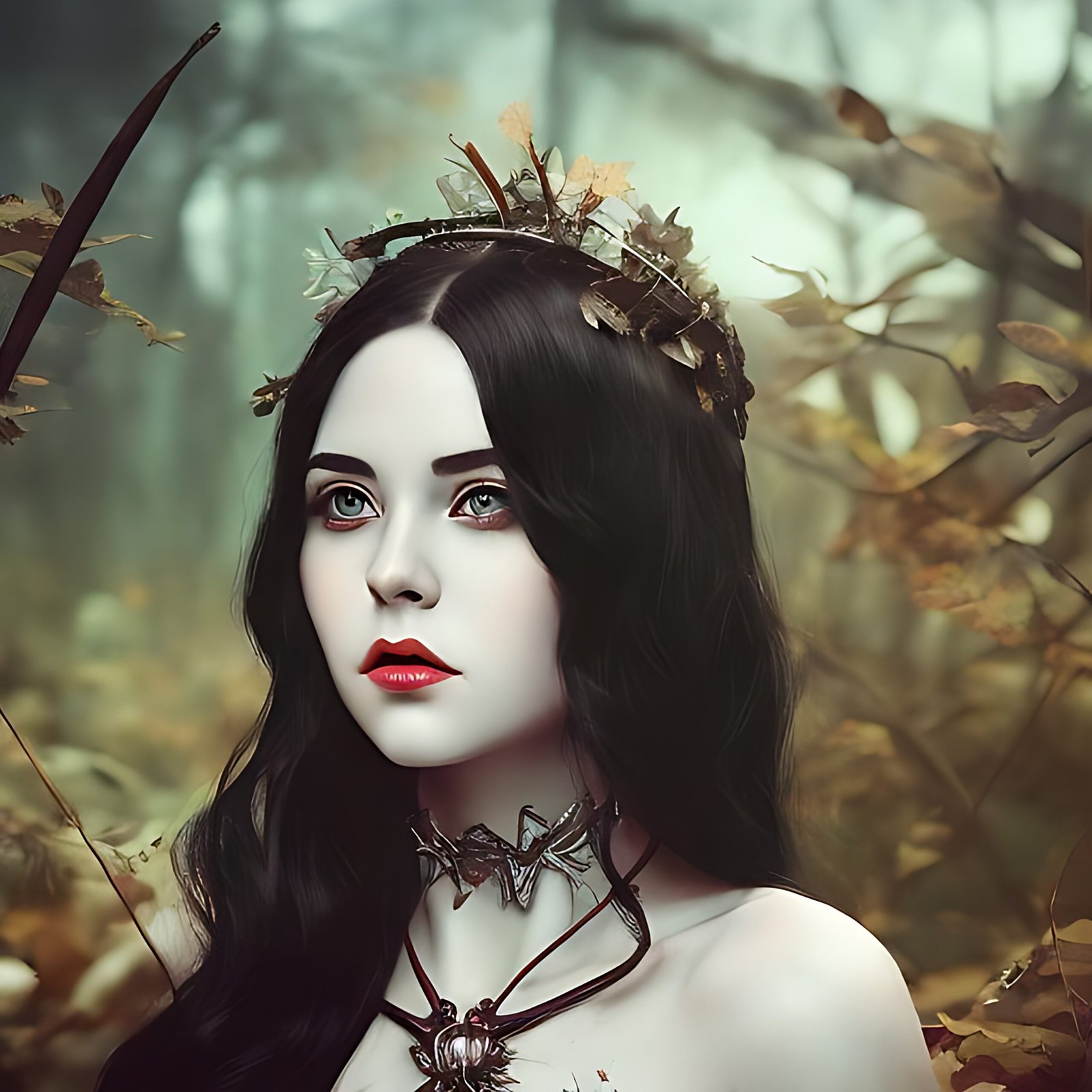 Elara, the enigmatic archer with raven-black hair, adorned with a leaf crown in the mystical Whispering Woods.