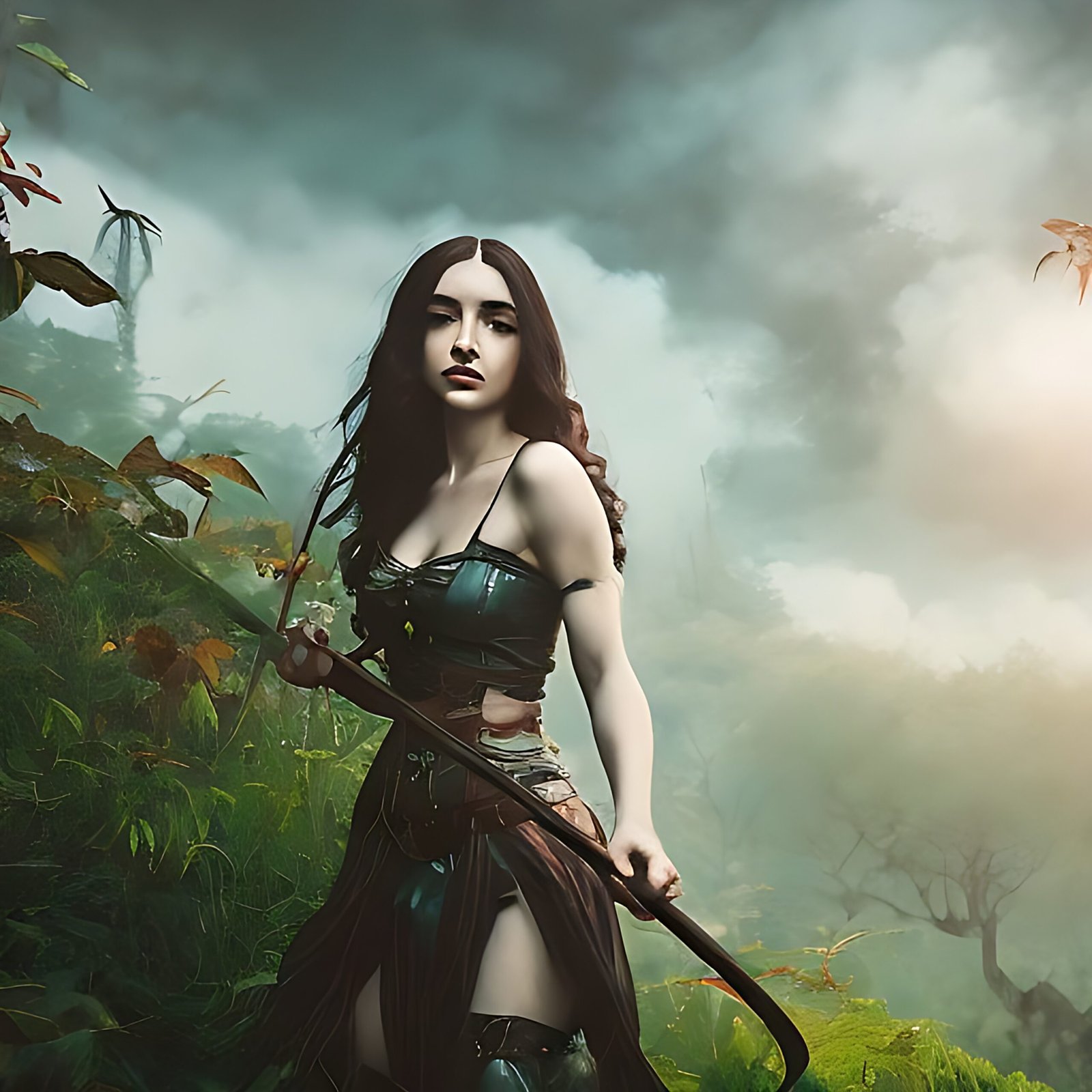 Elara, the archer, standing ready for battle in the heart of the Whispering Woods, under a cloudy sky.