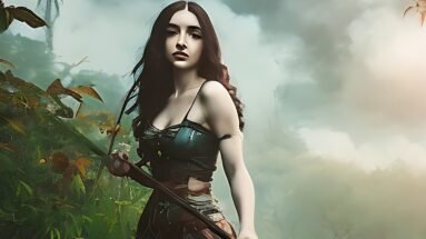 Elara, the guardian of the Whispering Woods, preparing for her quest to save the enchanted forest.