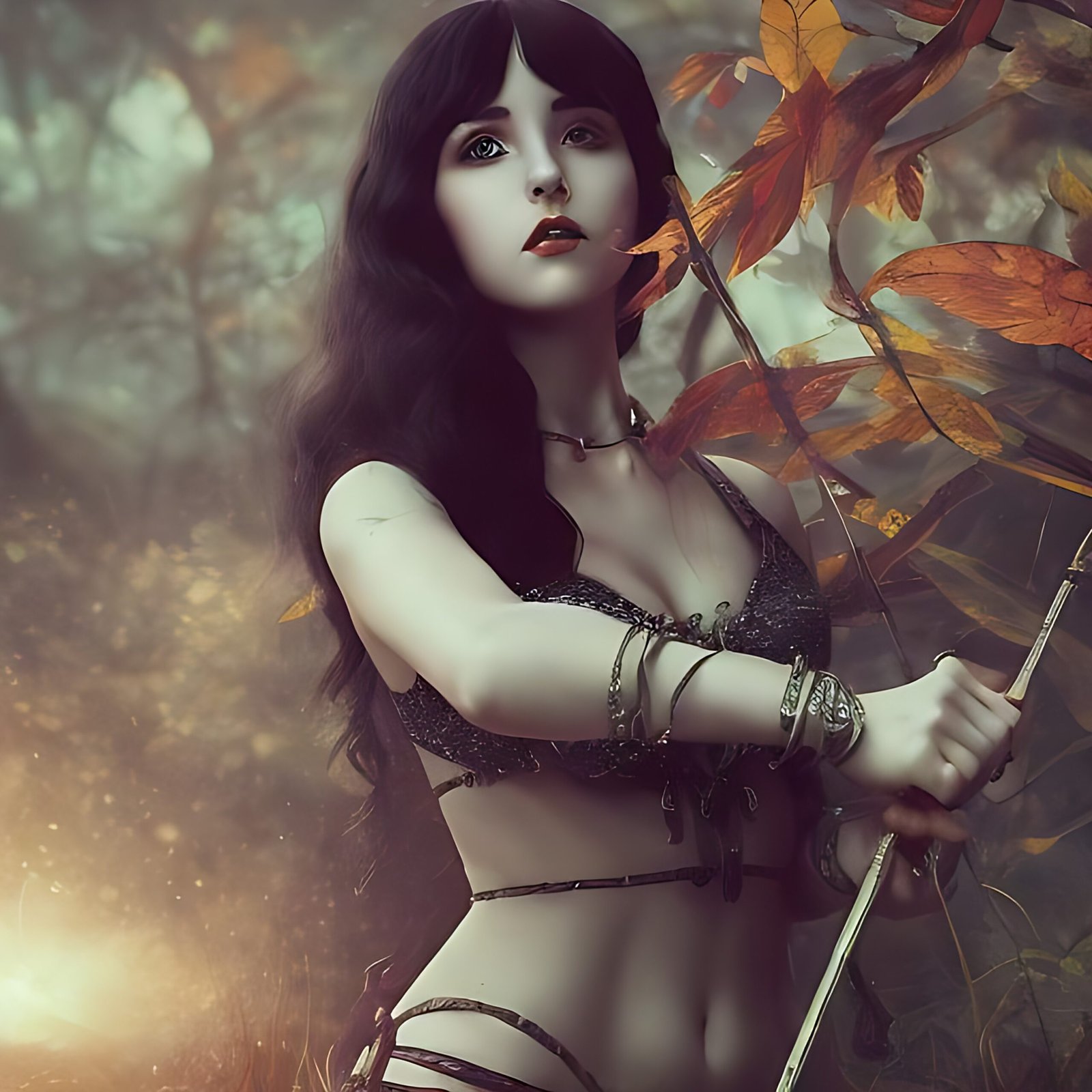 Elara, the guardian of the Whispering Woods, poised with her bow and arrow amidst autumn leaves.