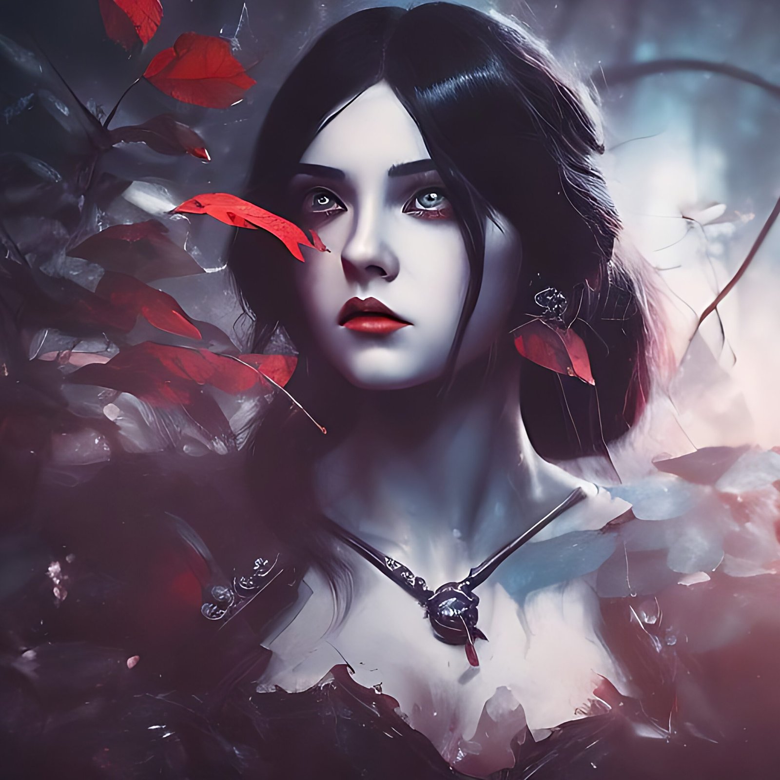 Elara, the archer, with red leaves framing her face, in the ethereal glow of the enchanted forest.