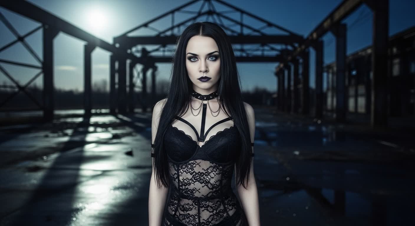 Gothic woman with long black hair in sheer lace lingerie, standing in an abandoned industrial site at night.