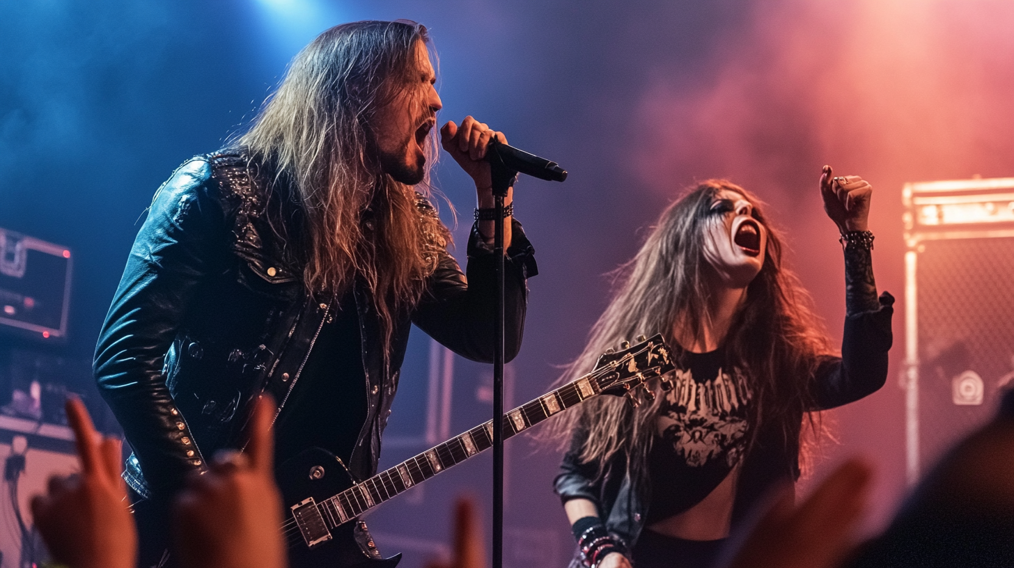 A man with long hair and a black leather jacket singing into a microphone, and a woman with gothic makeup singing passionately beside him on stage, with colorful lights and a crowd of fans at a metal concert.
