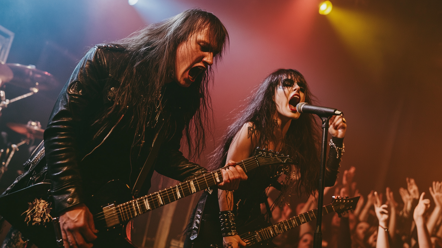 A man with long hair and a black leather jacket playing a guitar, and a woman with long hair and gothic makeup singing passionately into a microphone on stage, with colorful lights and a crowd of fans at a metal concert.
