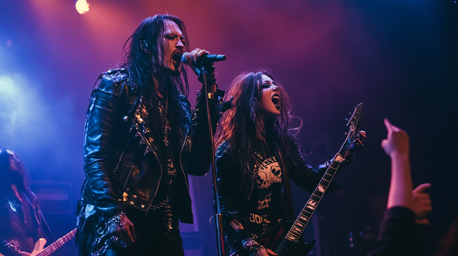 A man with long hair and a black leather jacket playing a guitar, and a woman with long hair and gothic makeup singing into a microphone on stage, with colorful lights and a crowd of fans at a metal concert.