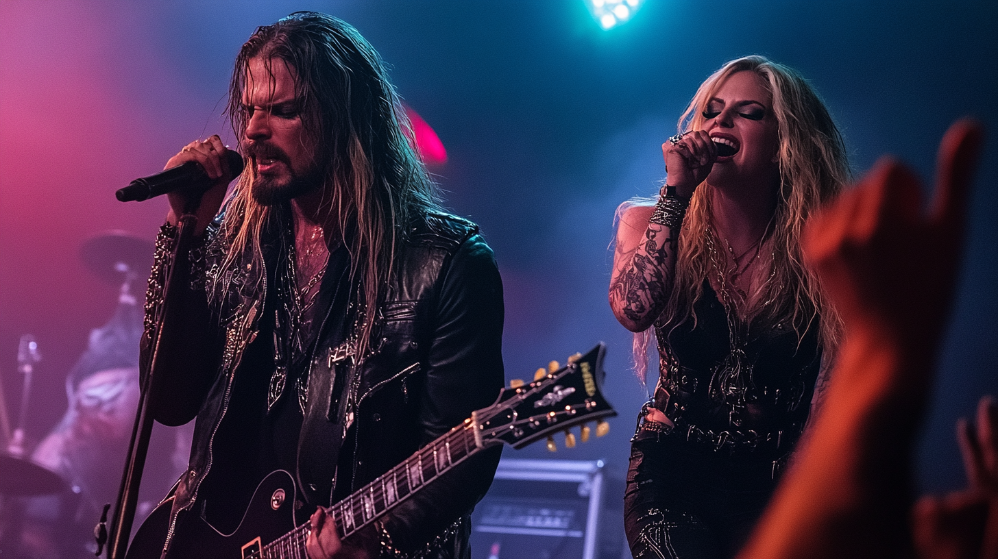 A man with long hair and a black leather jacket playing a guitar, and a woman with gothic makeup and tattoos singing into a microphone on stage, with colorful lights and a crowd of fans raising their hands in excitement at a metal concert. 