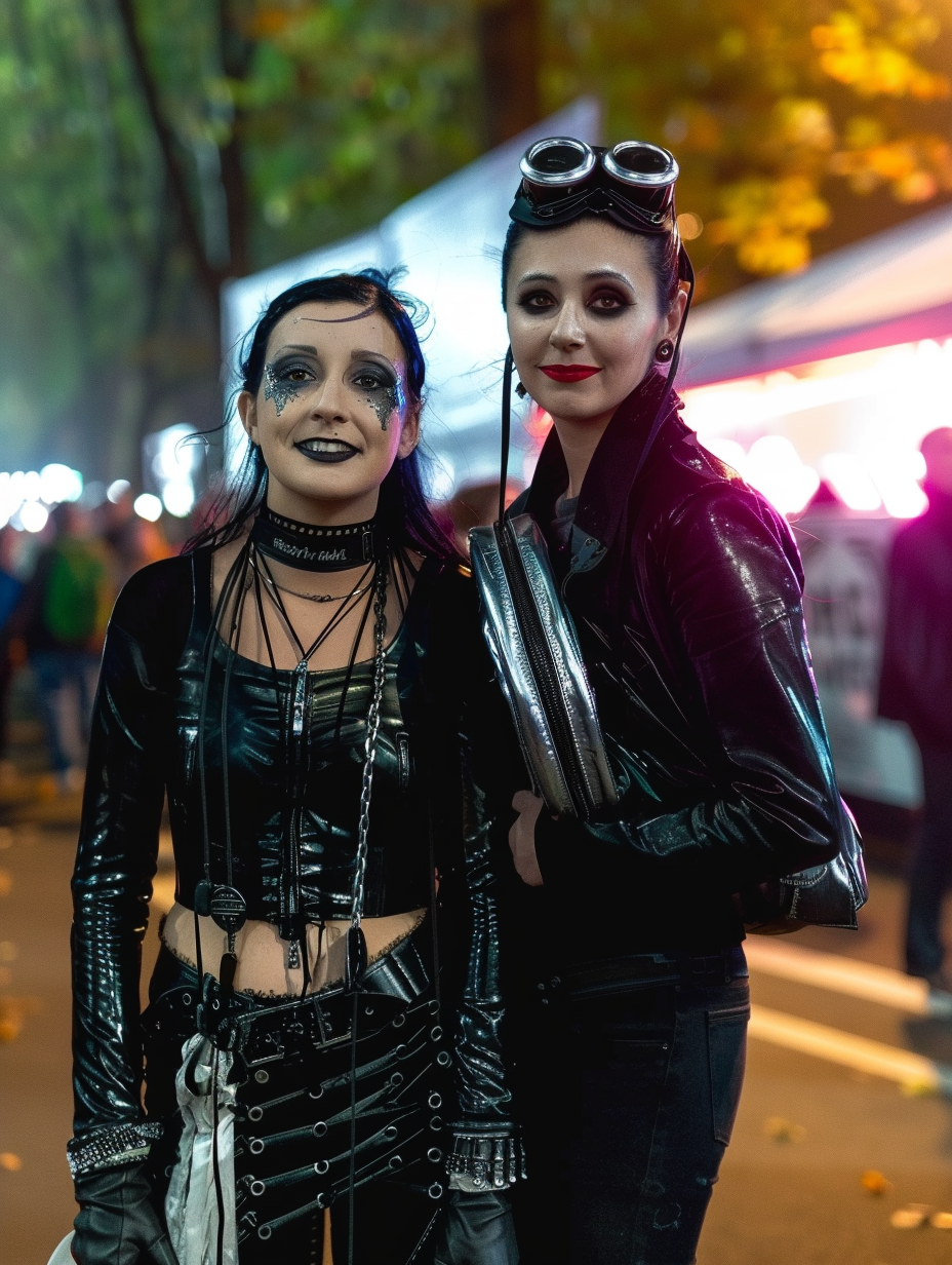 A vibrant nighttime scene at a metal festival with a large stage in the background, featuring intense lighting and pyrotechnics. In the foreground, a gothic woman with long dark hair and a blackmetalhead man with corpse paint on his face enjoy the music with a crowd of metalheads.