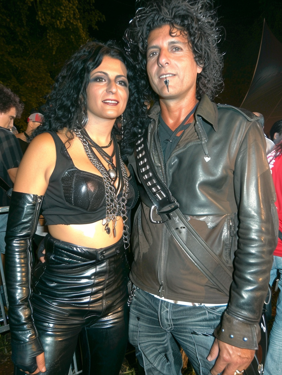 A gothic woman in a latex outfit with chains and a man wearing a leather jacket, both posing at a nighttime outdoor event.