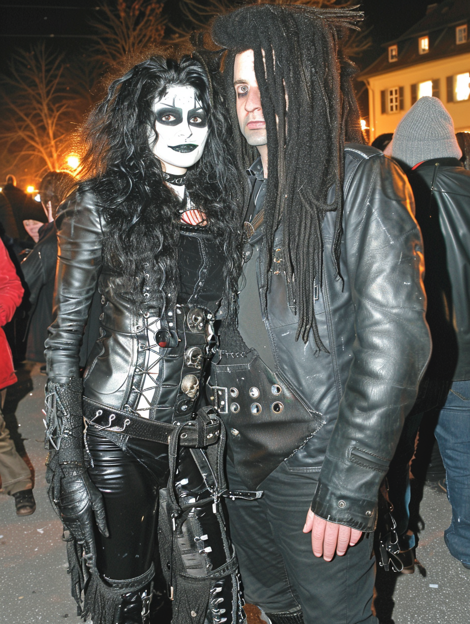 A gothic woman in a latex corset and pants standing with a man wearing a leather jacket with dreadlocks at a nighttime outdoor event.