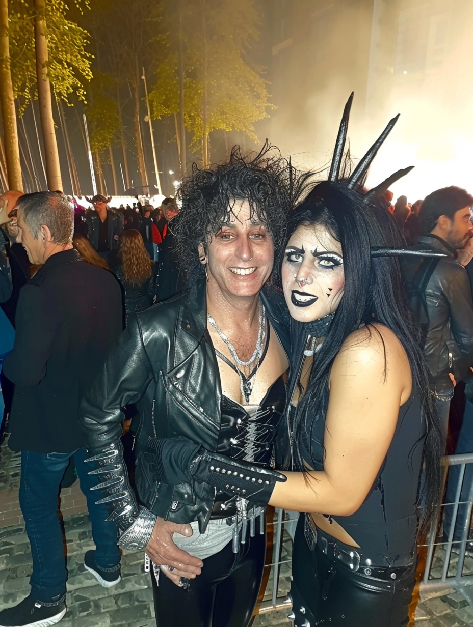 A gothic woman in a latex corset and pants standing with a man wearing a leather jacket at a nighttime outdoor event. 